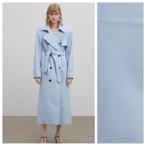 NWT. Massimo Dutti Nappa Leather Light Blue Trench-Style Coat with Belt. Size S.